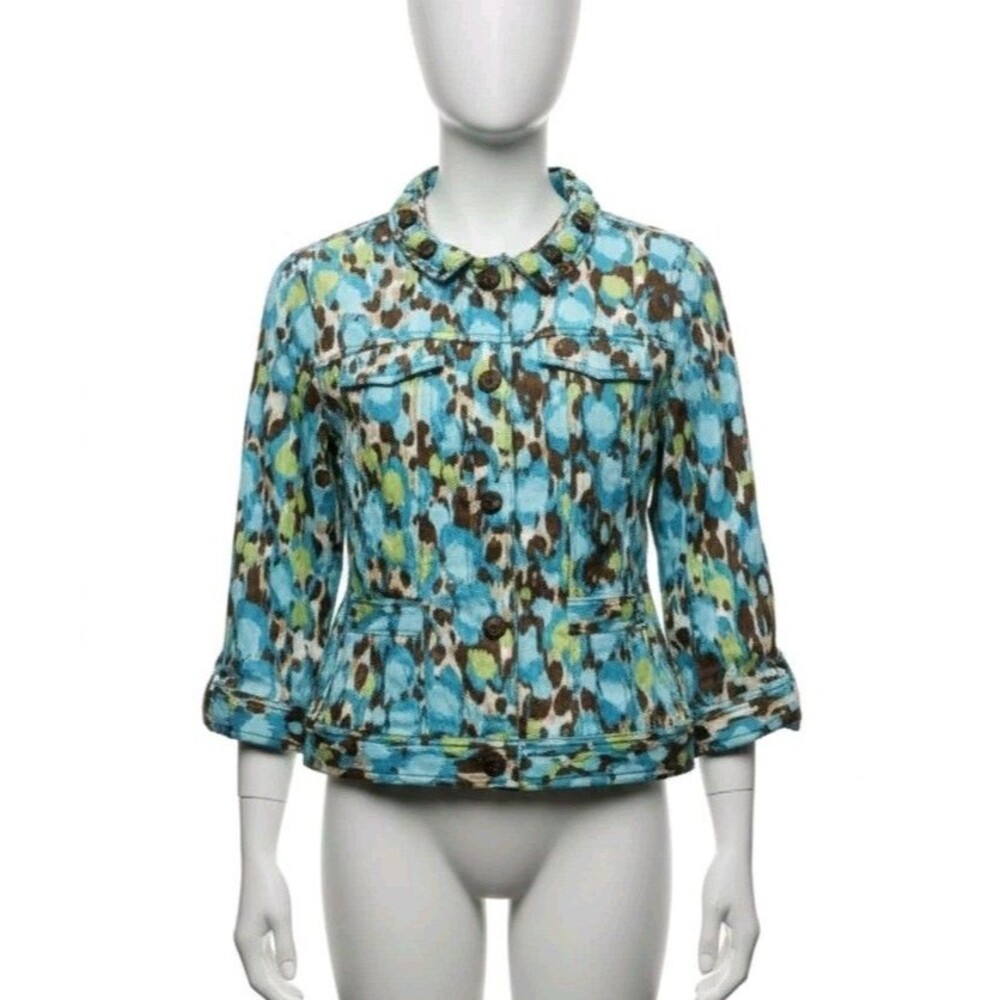 Ruby Rd. Size 10 Jacket Blouse Button Front Unlined Blue Brown Green Abstract Be